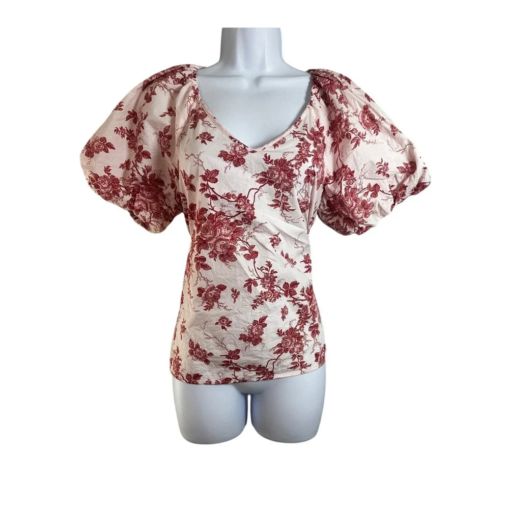 Banana Republic Pink Red Floral Toile Puff Sleeve V-Neck Cotton Blouse‎ Small S